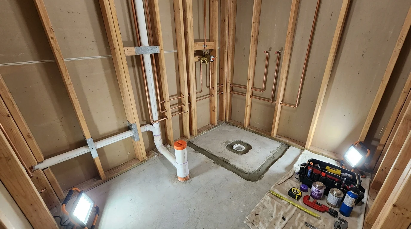 Bathroom rough-in plumbing during remodel by Johns Plumbing LLC in Shapleigh
