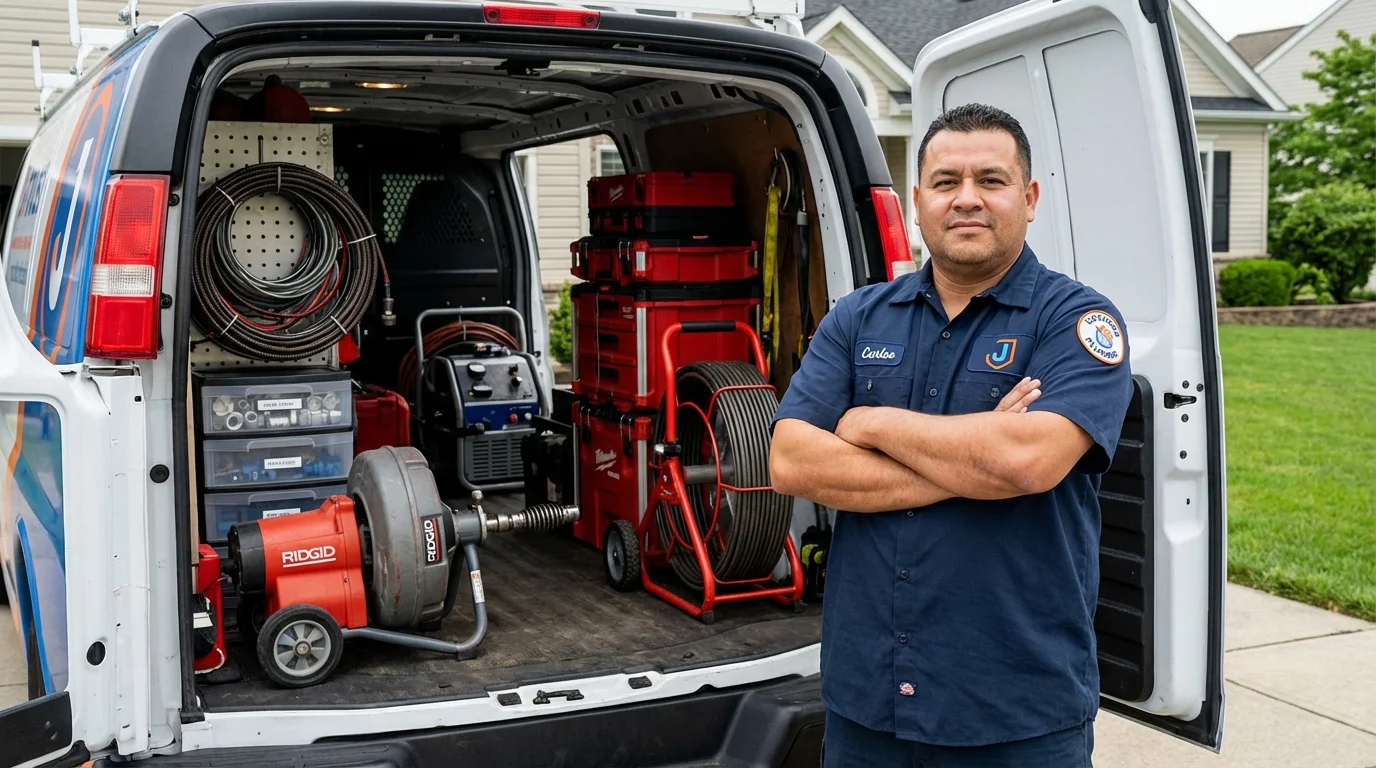 Professional drain cleaning equipment and Johns Plumbing LLC plumber in Shapleigh
