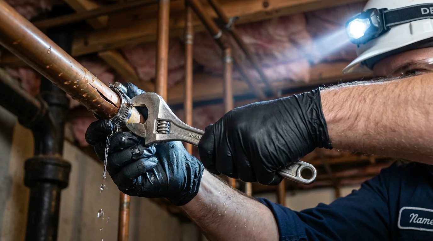 Emergency pipe clamp repair being performed by a Johns Plumbing LLC plumber in Shapleigh