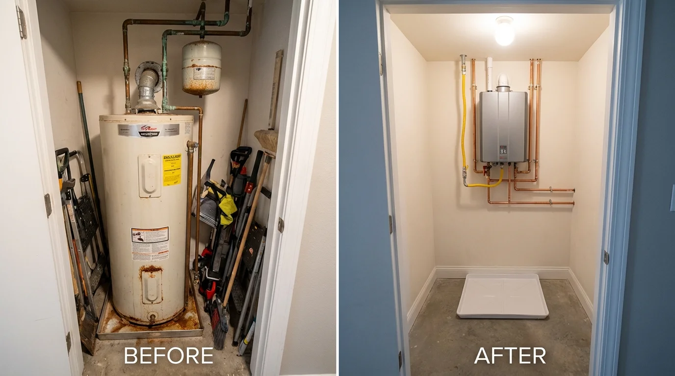 Tank water heater versus wall-mounted tankless unit comparison for Shapleigh, ME homeowners