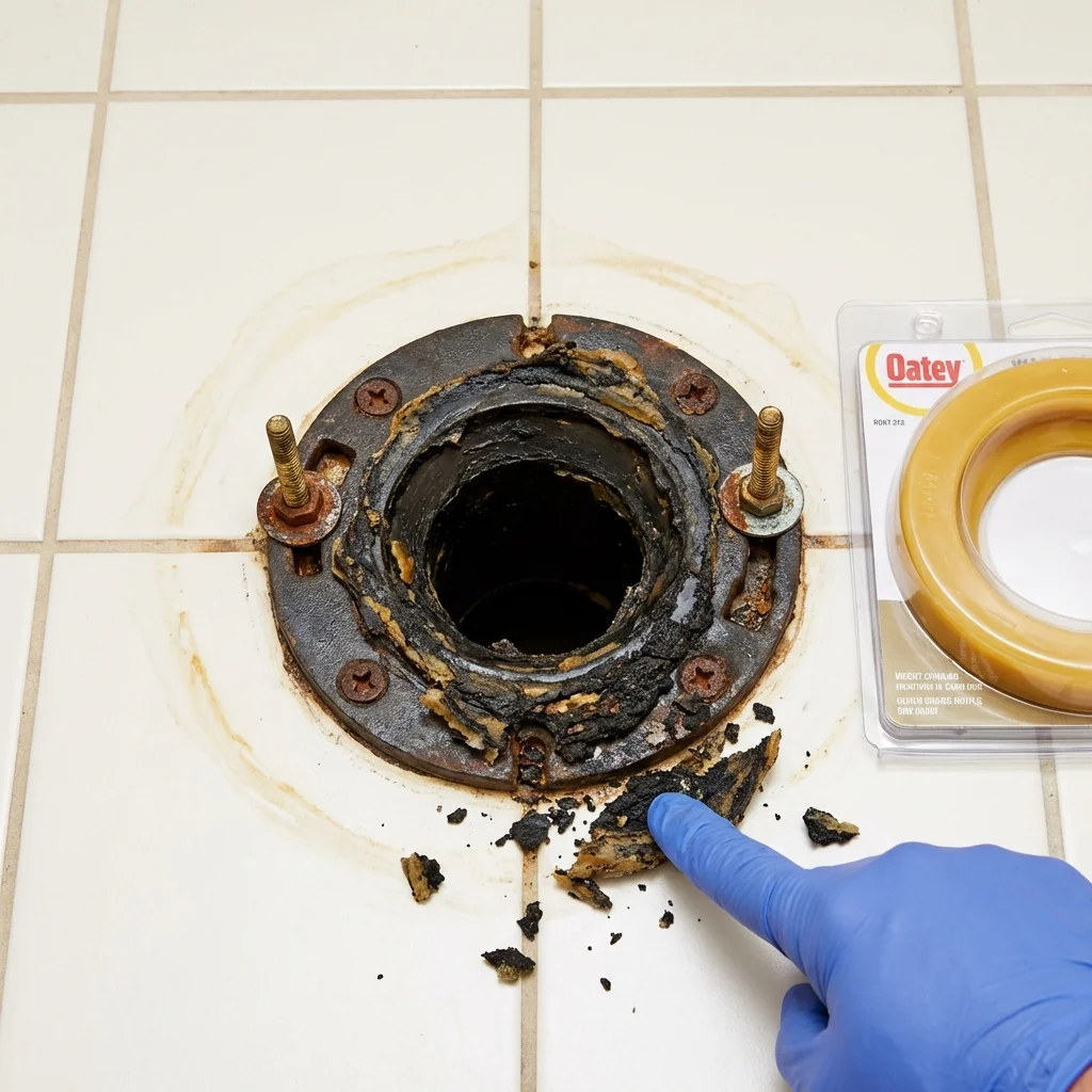 Failed wax ring showing water seepage at the base of a toilet in a Shapleigh, ME home