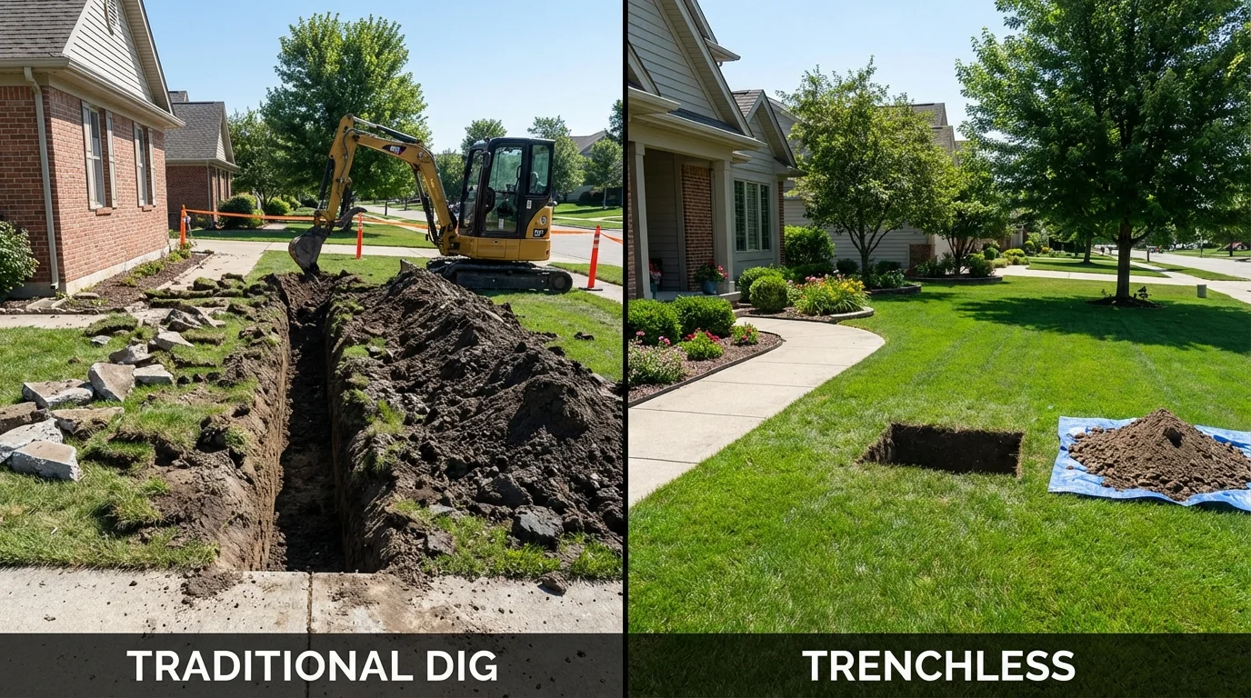 Trenchless sewer repair with minimal yard damage versus traditional excavation in Shapleigh, ME