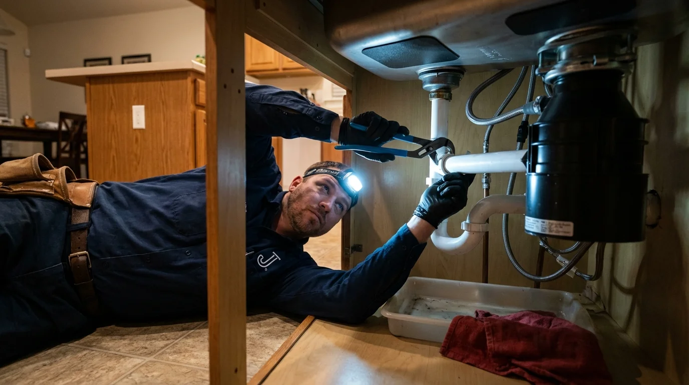 P-trap and supply line connections under a kitchen sink showing a common leak point in Shapleigh, ME
